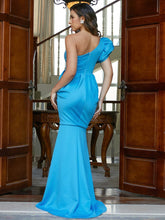 Ruffled One-Shoulder Mermaid Blue Evening Dress